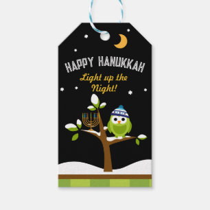 Étiquettes-cadeau Happpy Hanoukka Owl & Menorah Allumez la nuit