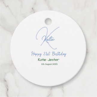Étiquettes Cadeau Happy 21st birthday blue add name monogram modern