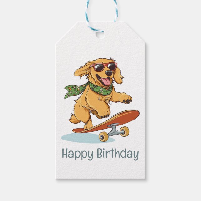 Étiquettes-cadeau Happy Birthday Golden Retriever Dog Skateboarding (Devant)
