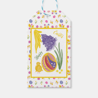 Étiquettes-cadeau Happy Easter chick, egg, grape hyacinth pattern