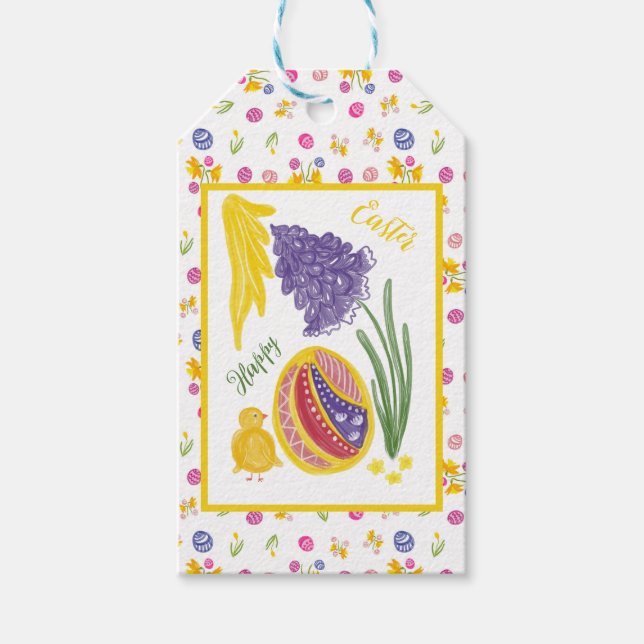 Étiquettes-cadeau Happy Easter chick, egg, grape hyacinth pattern (Devant)