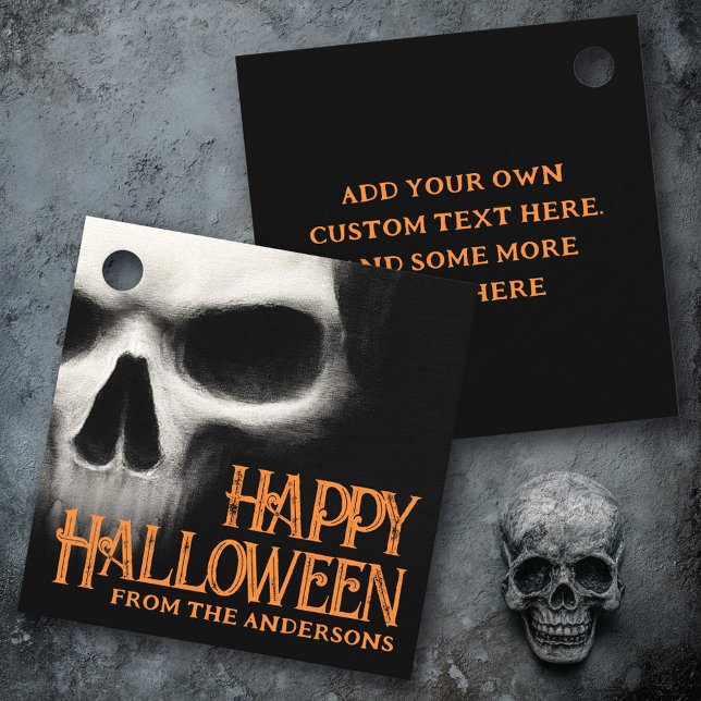 Étiquettes Cadeau Happy Halloween déplaisant crâne fantôme noir oran (Happy Halloween creepy ghost skull black orange Favor Tags)