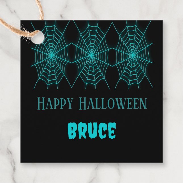 Étiquettes Cadeau Happy Halloween neon bleu spiderweb noir (Devant)