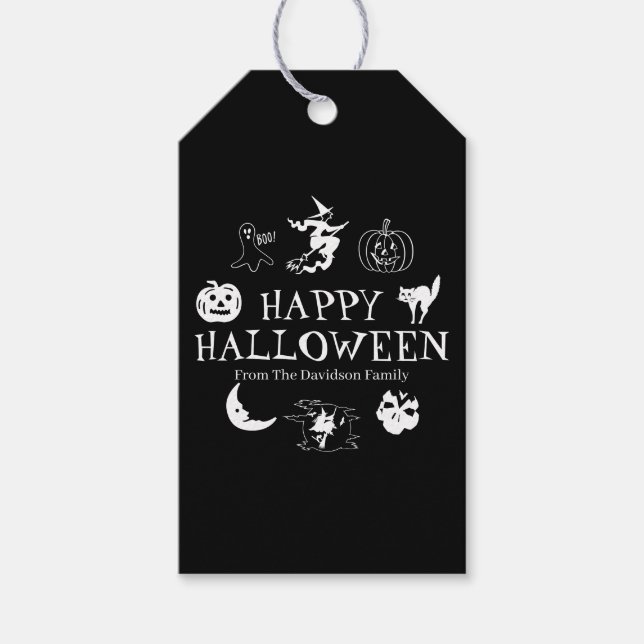 Étiquettes-cadeau Happy Halloween nom personnalisé noir blanc éffray (Devant)