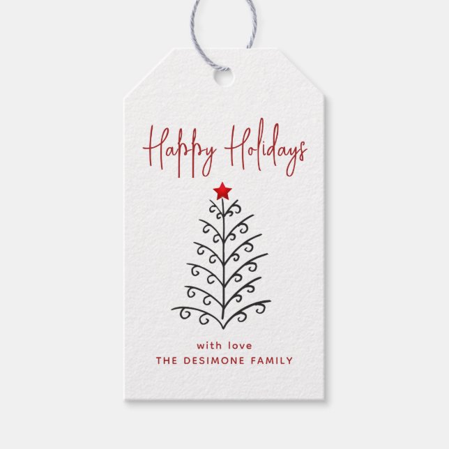 Étiquettes-cadeau Happy Holidays Line Art Tree Red (Devant)