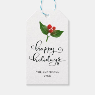 Étiquettes-cadeau Happy Holidays Watercolor Holly Holiday Script