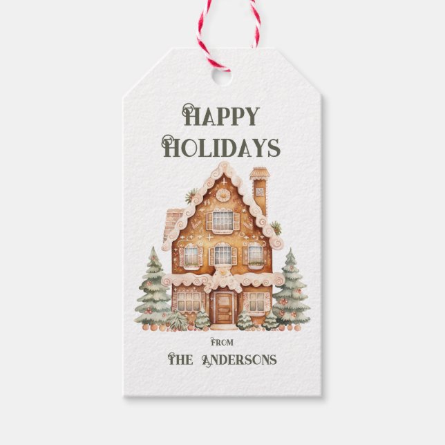 Étiquettes-cadeau Happy Holidays Watercolor House Personnalisée (Devant)