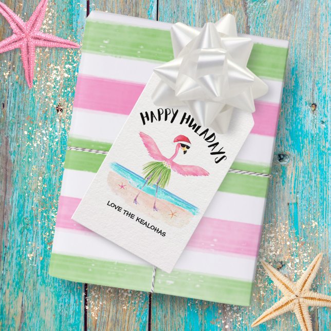 Étiquettes-cadeau Happy Huladays Flamant rose Père Noël Noël tropica (Créateur téléchargé)