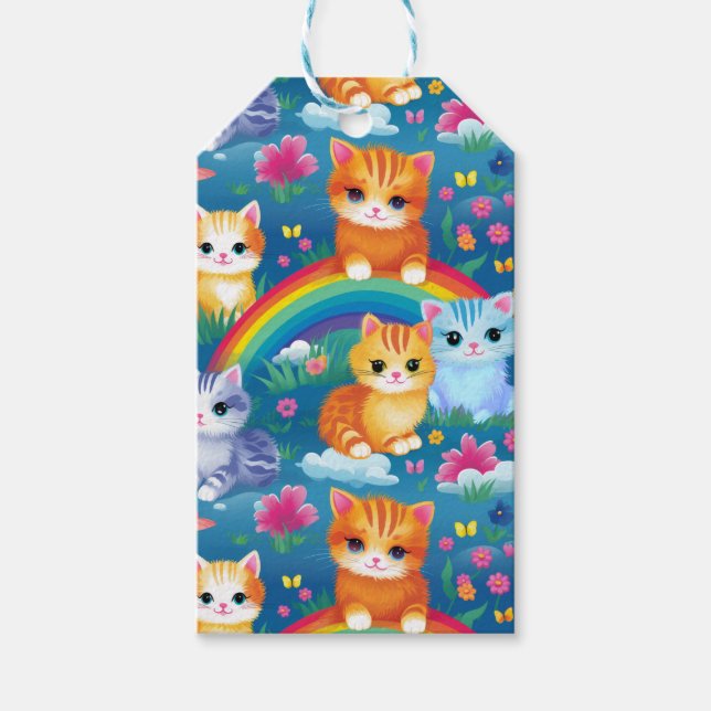 Étiquettes-cadeau Happy Kitty Cats sur Rainbow Clouds (Devant)