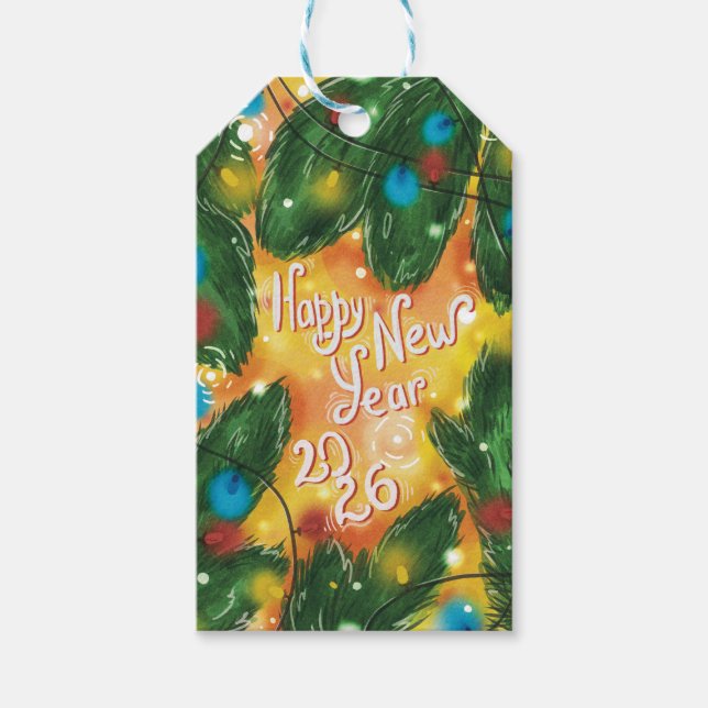 Étiquettes-cadeau Happy New Year 2026 Pine Branches & Lights (Devant)