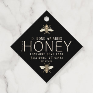 Étiquettes Cadeau Heraldic Bee Black Honey avec texte en or métalliq
