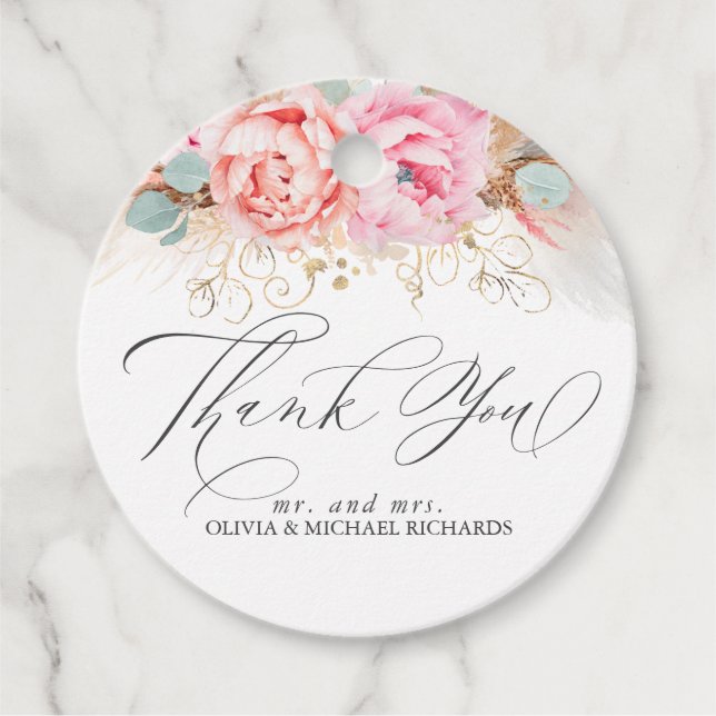 Étiquettes Cadeau Herbe des Pampas et Fleurs Roses Merci (Devant)