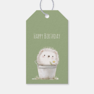 Étiquettes-cadeau Hérisson de jardin vert avec anniversaire de fleur