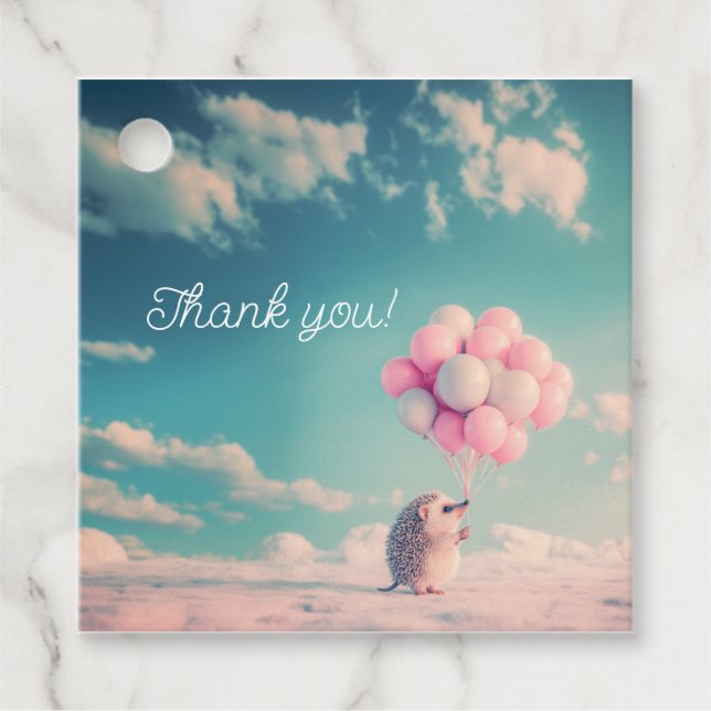 Étiquettes Cadeau Hérisson mignon avec ballons d'anniversaire, perso (Devant)
