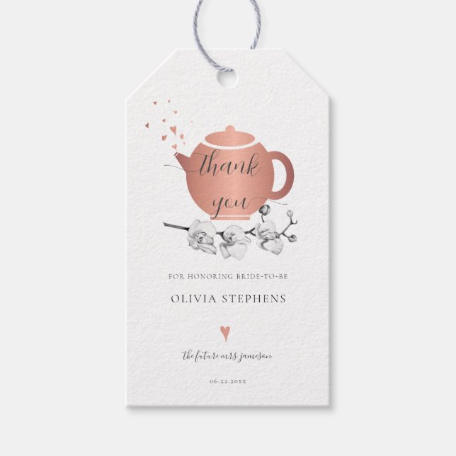 Étiquettes-cadeau Heure pour Tea Boho Gold Hearts Orchidées Thé nupt (Devant)