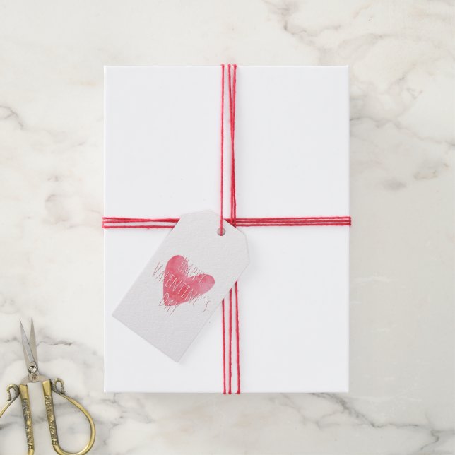Étiquettes-cadeau "Heureuse Sainte-Valentin" Aquarelle rouge Coeur (Avec de la ficelle)