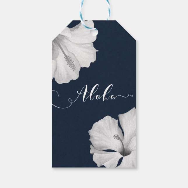 Étiquettes-cadeau Hibiscus blanc Mariage tropical bleu Aloha Favoris (Dos)
