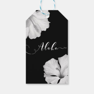 Étiquettes-cadeau Hibiscus blanc Mariage tropical noir Aloha Favoris