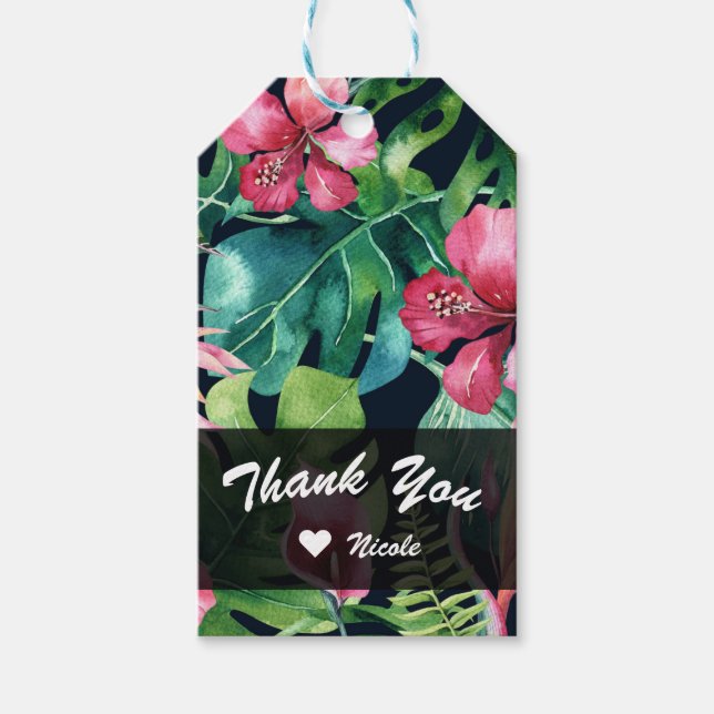 Étiquettes-cadeau Hibiscus et palmiers floraux tropicaux Feuille Haw (Devant)