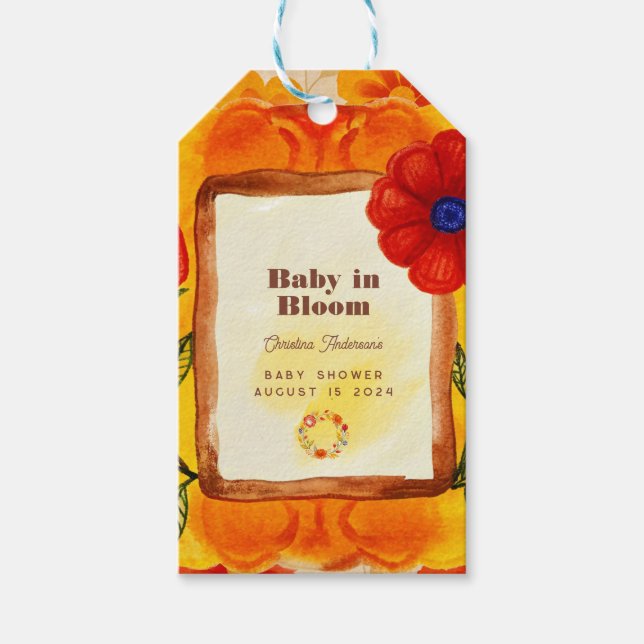 Étiquettes-cadeau Hippie rétro Baby shower d'orange d'aquarelle flor (Devant)