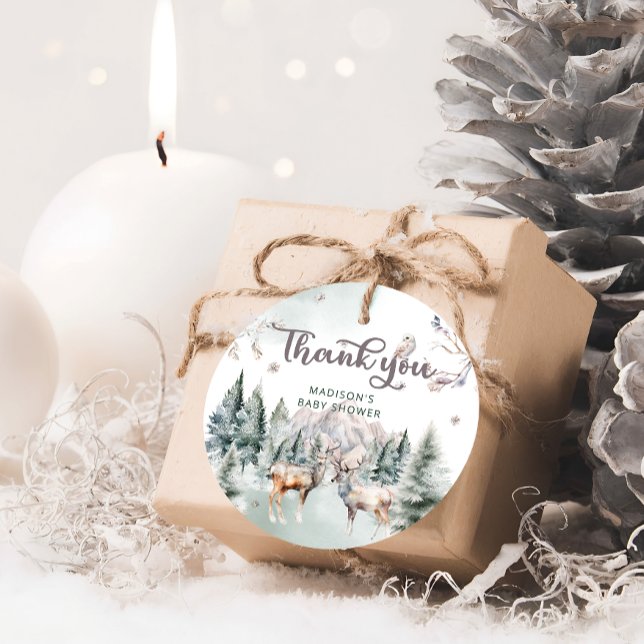 Étiquettes Cadeau Hiver Baby shower de cerfs de bois Merci (Créateur téléchargé)