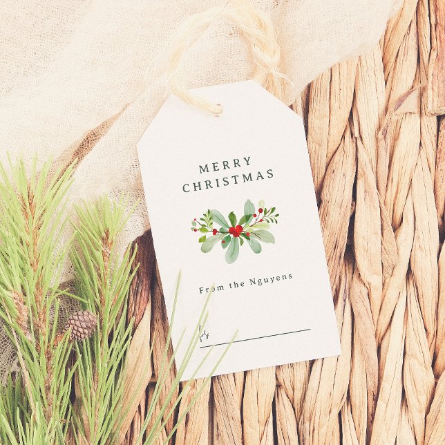 Étiquettes-cadeau Hiver Holly & Pine Noël Salutation Nom de famille (Créateur téléchargé)