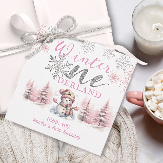 Étiquettes Cadeau Hiver Onederland Pink Silver Parties scintillant 1 (Créateur téléchargé)