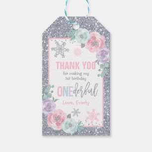 Étiquettes-cadeau Hiver ONEderland Rose et argent Anniversaire Favor