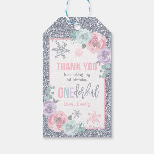 Étiquettes-cadeau Hiver ONEderland Rose et argent Anniversaire Favor (Devant)