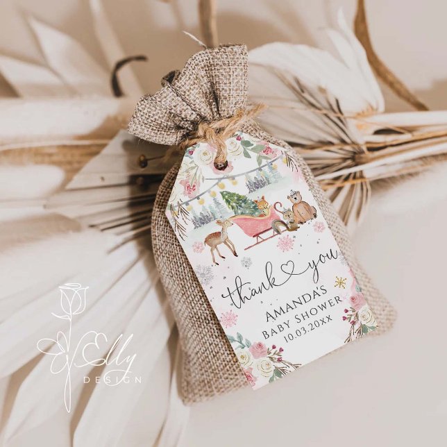 Étiquettes-cadeau Hiver Pink Woodland Animaux Fille Baby shower (Créateur téléchargé)