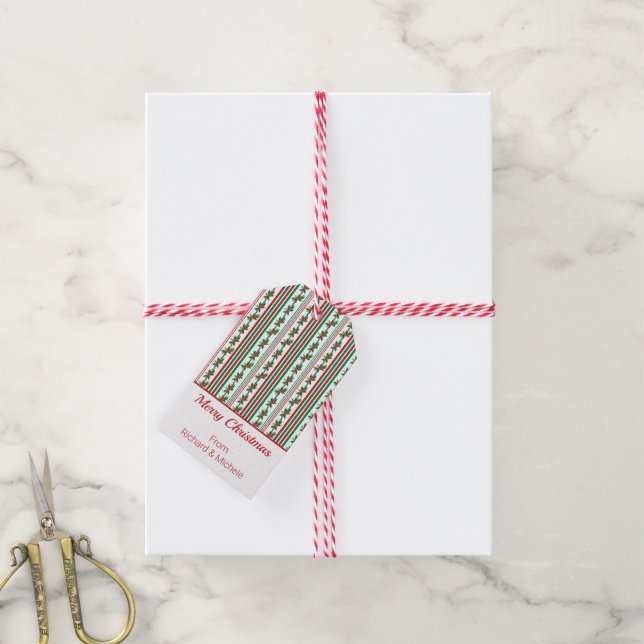 Étiquettes-cadeau Holiday Holly et Stripe (Avec de la ficelle)