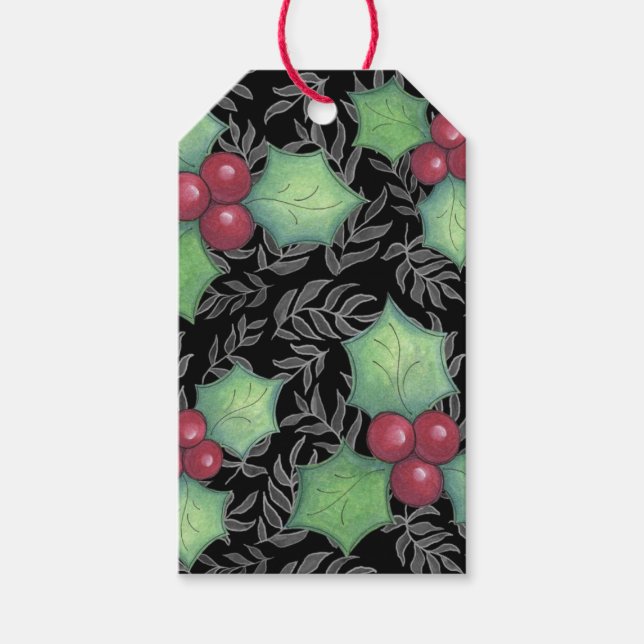 Étiquettes-cadeau Holly Berries & Feuilles sur Black Print Arrière - (Devant)