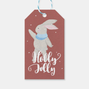 Étiquettes-cadeau Holly Jolly Little Cute Bunny Dark Red et Blue