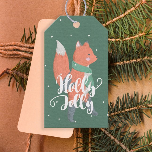 Étiquettes-cadeau Holly Jolly Little mignon Orange Fox Hunter Green (Créateur téléchargé)