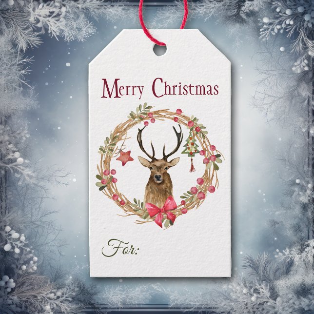 Étiquettes-cadeau Holly Wreath Red Bow Reindee Noël (Créateur téléchargé)