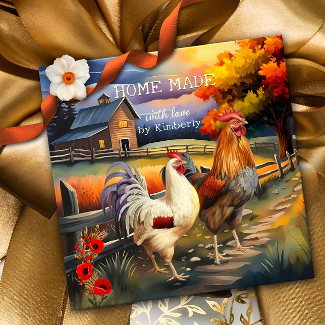 Étiquettes Cadeau Home Fabriqué Roster Farm Art (Gift tag featuring a colorful fine art painting of a rooster and chicken in a rural farm landscape)