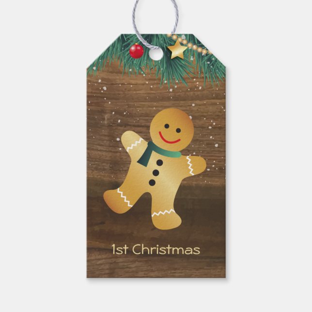 Étiquettes-cadeau Homme en pain d'épices, bébé saint 1er Noël (Devant)