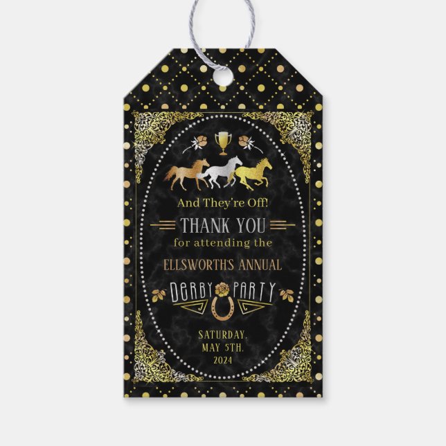 Étiquettes-cadeau Horse Racing Derby Day Party Art Déco Black Gold (Devant)