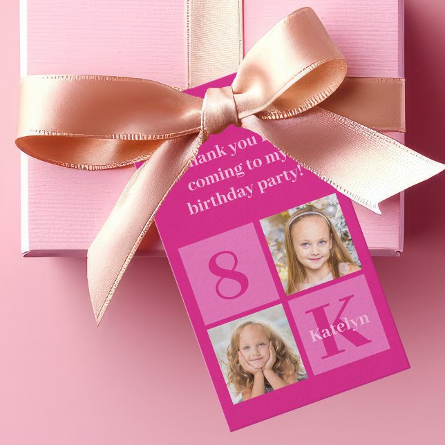 Étiquettes-cadeau Hot Rose Girl Photo Collage personnalisé Anniversa (Créateur téléchargé)