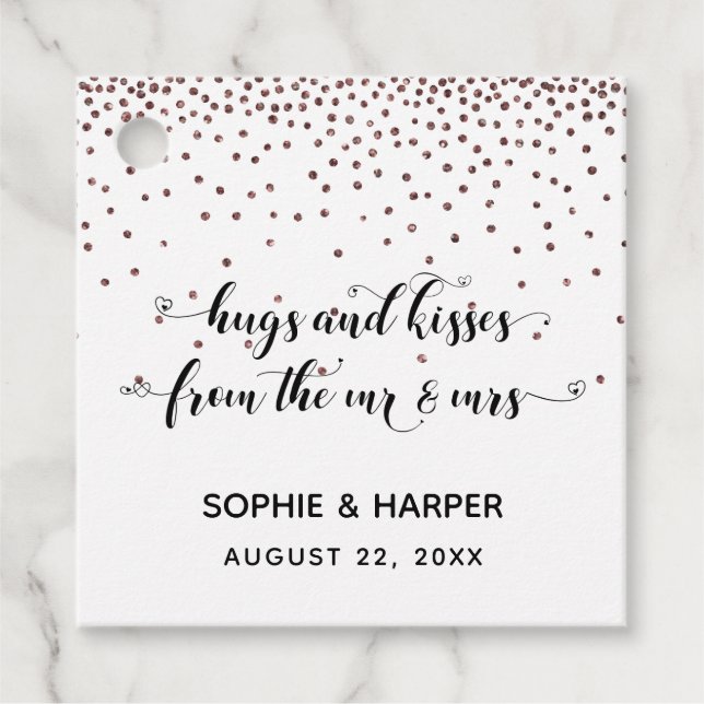 Étiquettes Cadeau Hugs and Kisses from the Mr & Mrs Hearts Rose Gold (Devant)