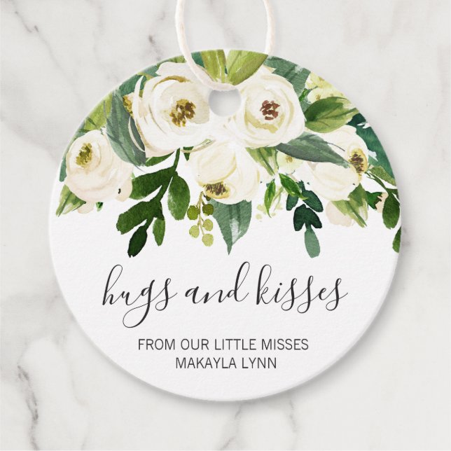 Étiquettes Cadeau Hugs et baisers Élégant Baby shower floral fille (Devant)