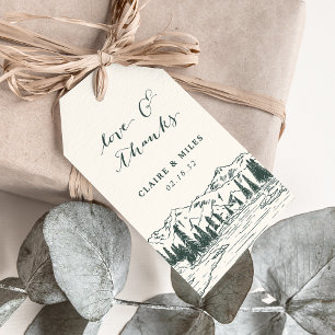Étiquettes-cadeau Hunter Green   Merci Mariage de croquis de montagn
