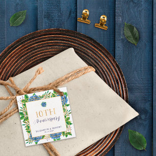Étiquettes Cadeau Hydrangea Bleu Doré 10ème Anniversaire de Mariage