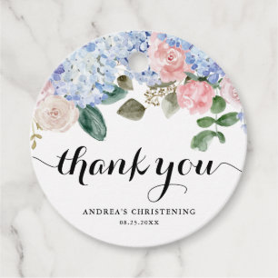 Étiquettes Cadeau Hydrangea bleu et rose rose Merci de Christening