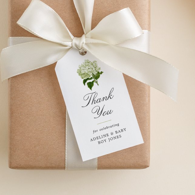 Étiquettes-cadeau Hydrangée blanche élégante pour Baby Shower (paper baby shower favor gift tag with elegant fonts and green hydrangea blossom)