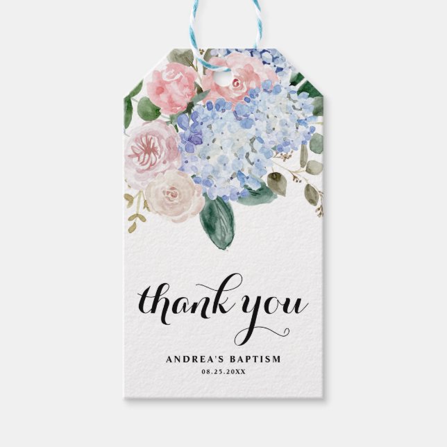 Étiquettes-cadeau Hydrangée bleue et rose roses Merci de baptême (Devant)