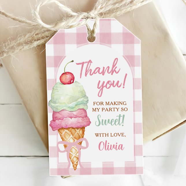 Étiquettes-cadeau Ice Cream Pink Bow Gingham Birthday Party (Créateur téléchargé)