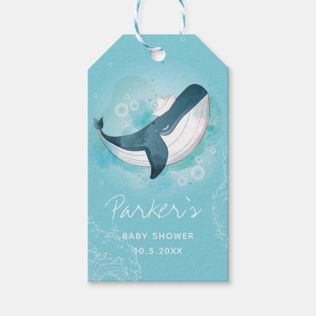 Étiquettes-cadeau Illustration de baleines Baby shower marin (Devant)