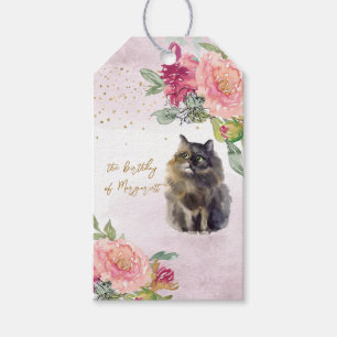 Étiquettes-cadeau Illustration de chat persan Joyeuse fête de fille 