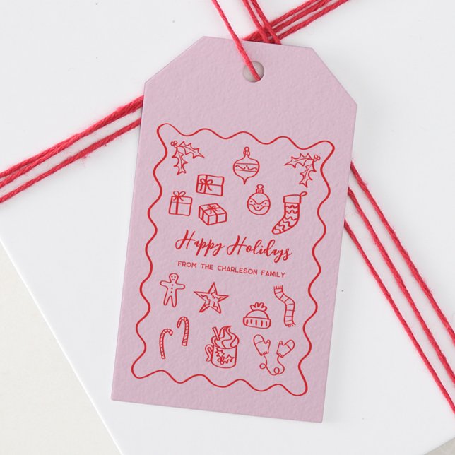 Étiquettes-cadeau Illustration de gribouillis de vacances Doodle ros (Fun hand drawn scribble doodle pink and white personalized custom text Christmas holiday gift tag)